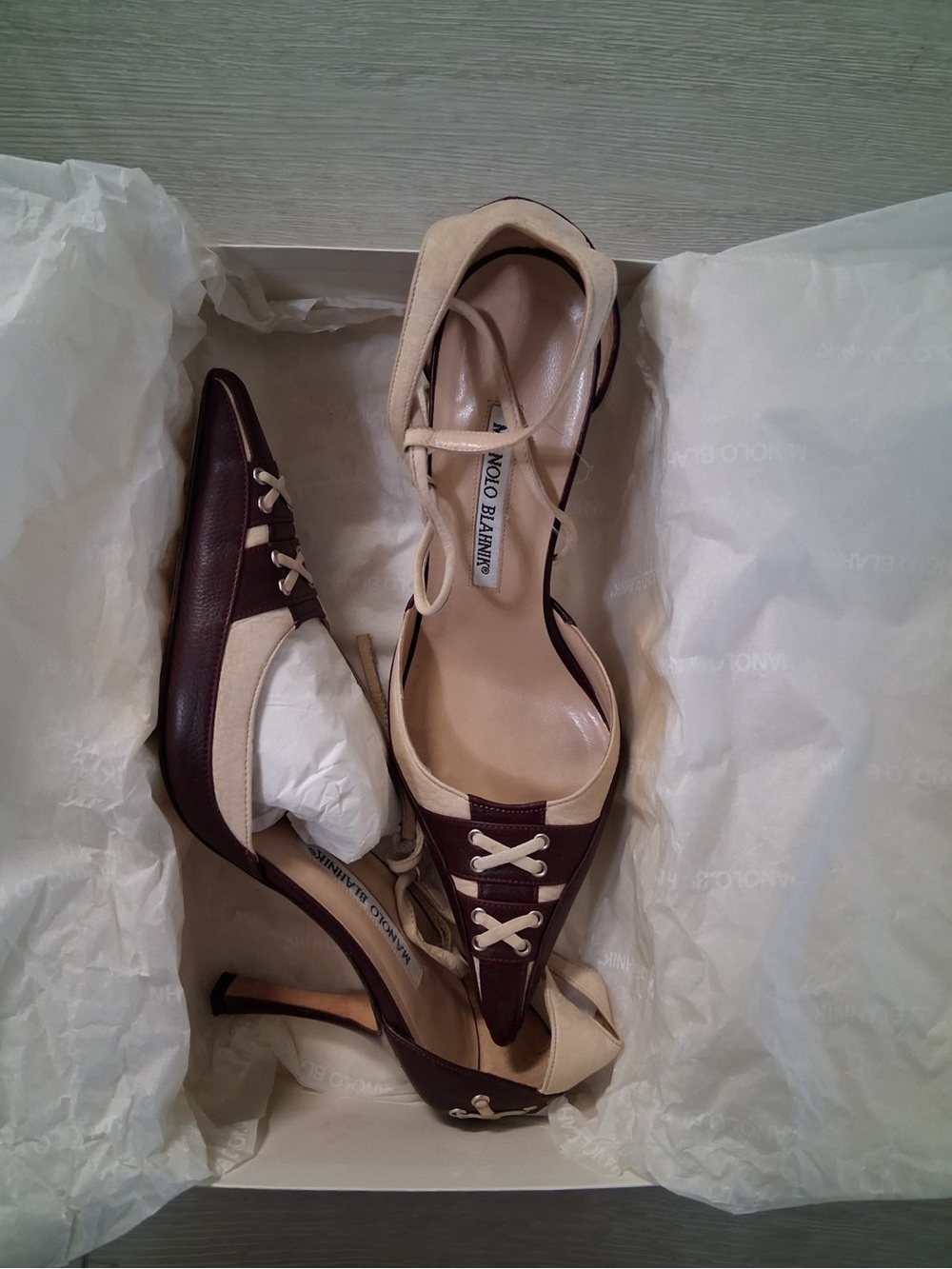 Manolo Blahnik Burgundy and Cream Lace-Up Pointed Toe Heels